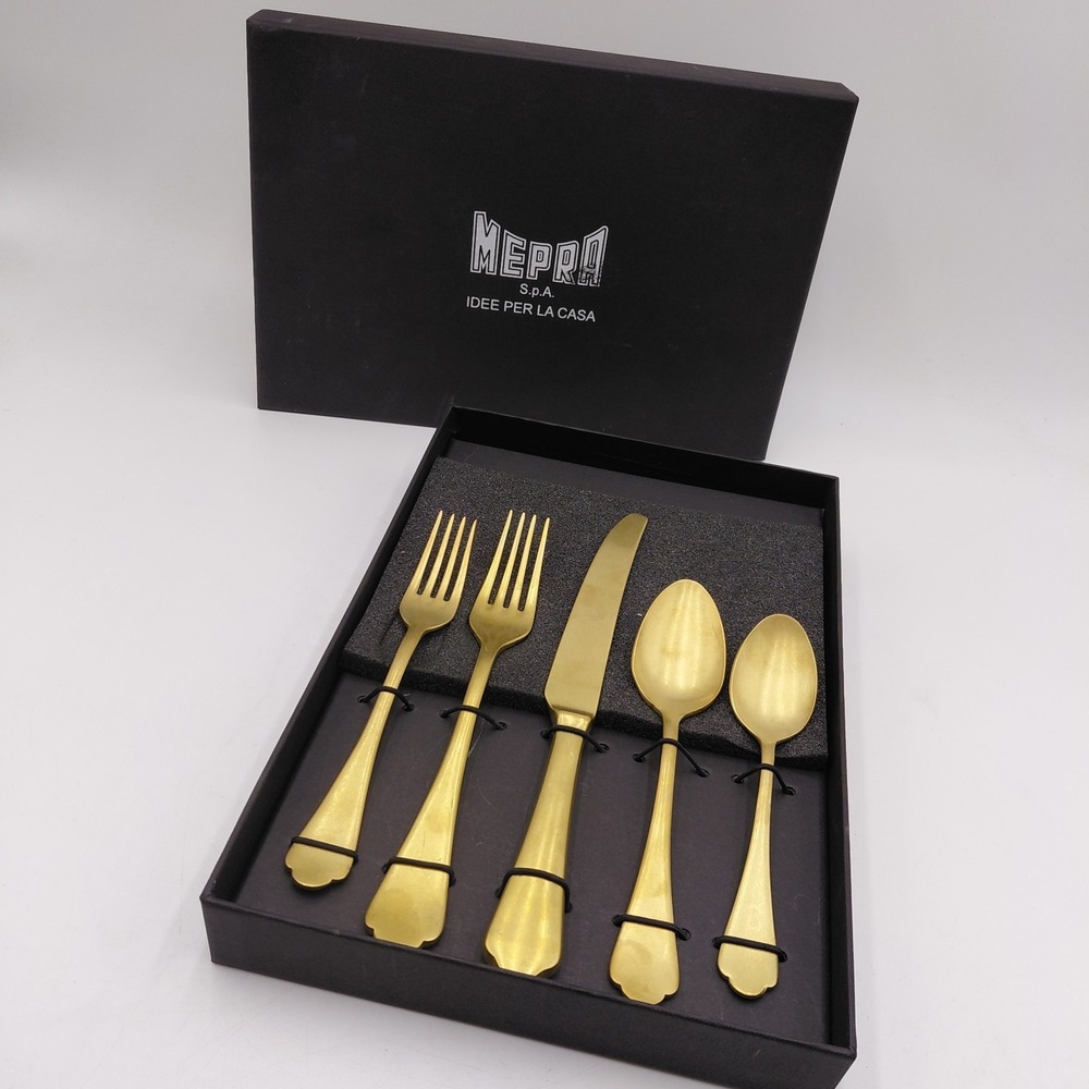 MEPRA Gold Dolce Vita Flatware 5 Piece Set NIB Italy 18/10 Bloomingdales